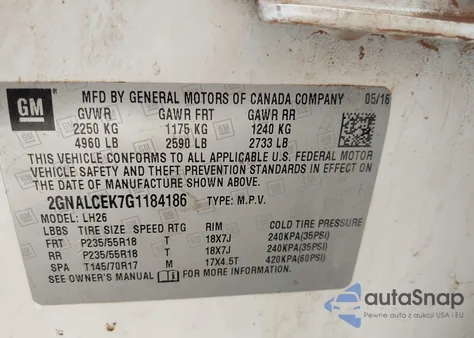 2016 Chevrolet Equinox Lt из США, поврежденный, VIN 2GNALCEK7G1184186